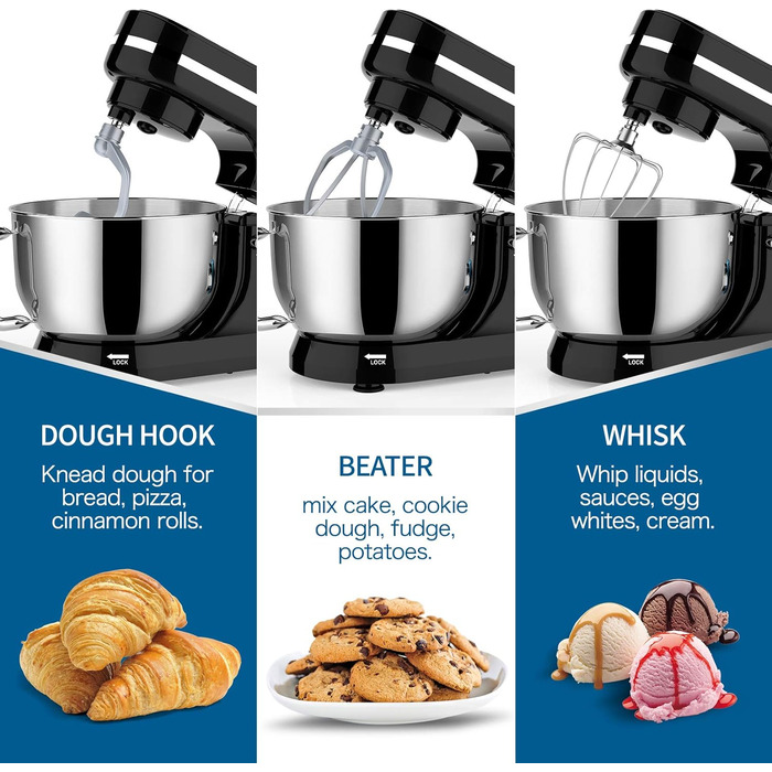 Планетарний міксер-тістоміс Vospeed, 5QT, 8 швидкостей, з чашею з нержавіючої сталі та набором насадок (гак, вінчик, міксер), чорний