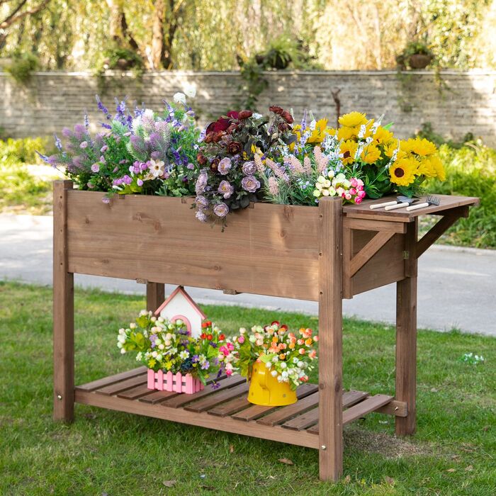 Підвищене грядка Outsunny 123x54x74 см з 8 решітками та складним столиком з масивної деревини у коричневому кольорі для саду та тераси