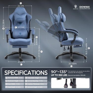 Ігрове крісло Dowinx з тканини, з підігрівом та масажною підтримкою попереку, з кишенею, пружинною подушкою та підніжкою, підвищеної міцності, для геймерів, навантаження до 150 кг, синє