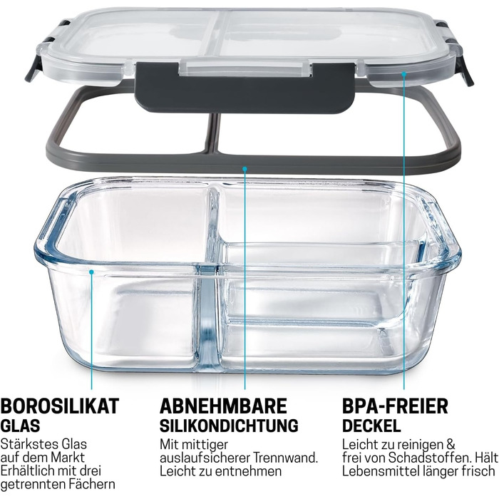 Набір контейнерів для їжі Igluu Meal Prep (3 шт.) – 980 мл, з 3 відділеннями, з боросилікатного скла, BPA-free, підходить для мікрохвильовки, духовки, морозильної камери та мийки посуду, витікання неможливе