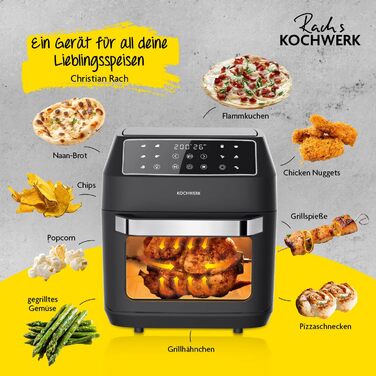 Цифрова аерофритюрниця Rachs KOCHWERK 12 л з комплектом аксесуарів XXL, духовка, гриль, фритюрниця з оглядовим вікном і сенсорним екраном, без масла, 10 програм, таймер, чорна
