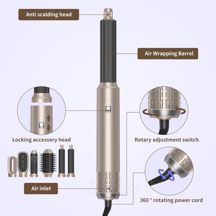 Airstyler 5 в 1: Фен-щітка, плойка, стайлер для волосся 1000W, золотий