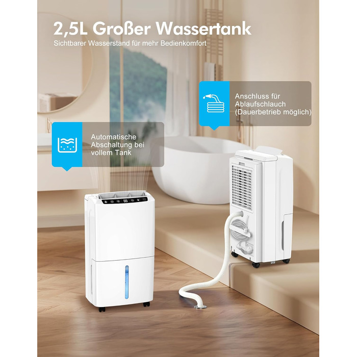 Електричний осушувач повітря 12л, тихий осушувач для дому з функцією сушіння білизни, Smart-режим, автоматичне регулювання вологості, 1м шланг, 24H таймер, для квартири до 120 м², гарантія 10 років