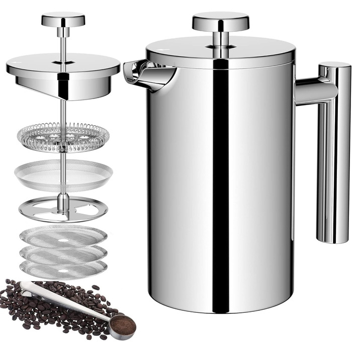 Make a French Press Coffee Maker, 21Oz Stainless Steel French Press with 3-Level Filtration System, Double-Walled Insulated French Press with 3 Filters and 1 Metal Spoon 600ml Silver