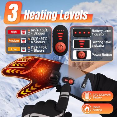Обогревні рукавички для жінок та чоловіків 7.4V 6400mAh, акумуляторні, 3 режими нагріву, водонепроникні, сенсорні, для мотоцикла, лиж, скелелазіння, піших прогулянок, універсальний розмір