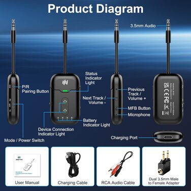 Bluetooth-адаптер 2-в-1 для літака (трансмітер та ресивер) з підтримкою aptX, роз'єм 3.5 мм Jack, версія 5.4, чорний