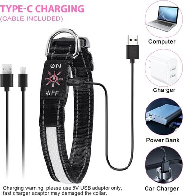 Світловідбиваючий нашийник для собак AUAUY LED, USB-зарядка, водонепроникний, регульований, безпечний, 6 кольорів, розмір S (11.8-15.7'/30-40 см)