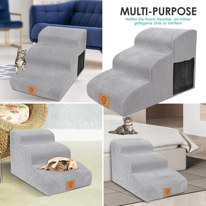 Myiosus Dog Stairs for Small Dogs, 2 Steps Pet Stairs, Waterproof Dog Steps Made of Sponge, Non-Slip Dog Ramp for Sofa Bed, Washable Cover Dog Stairs, Portable Cat Stairs (Dog Stairs 3 Steps, Grey)