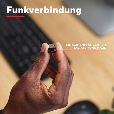 Бездротовий комплект клавіатури та миші Trust Ymo II з QWERTY (німецький), плоскі клавіші, захист від бризок, миша на 800-1600 DPI, USB-приймач, для ПК, комп'ютера, ноутбука, Mac