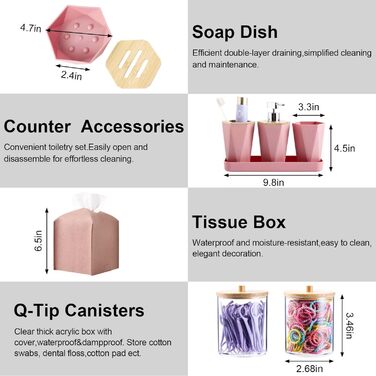 Набір аксесуарів для ванної кімнати, 10 предметів, рожевий та бамбуковий. Містить: смітник, піднос, дозатор мила, мильниця, тримач для зубних щіток, стакан для зубних щіток, тримач для серветок, WC-щітка та автоматичний диспенсер.