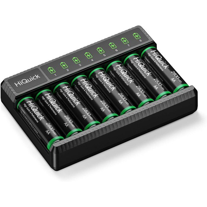Зарядний пристрій HiQuick для акумуляторів AA AAA, 8 слотів з LED-дисплеєм, для NI-MH/NI-CD акумуляторів (без акумуляторів)
