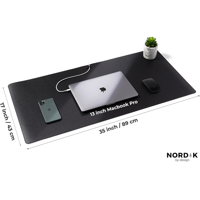 Підкладка на стіл Nordik зі шкіри, органайзер для кабелів (Pebble Black 35x43.2 см) - преміум килимок для миші для дому та офісу, веганський захист столу