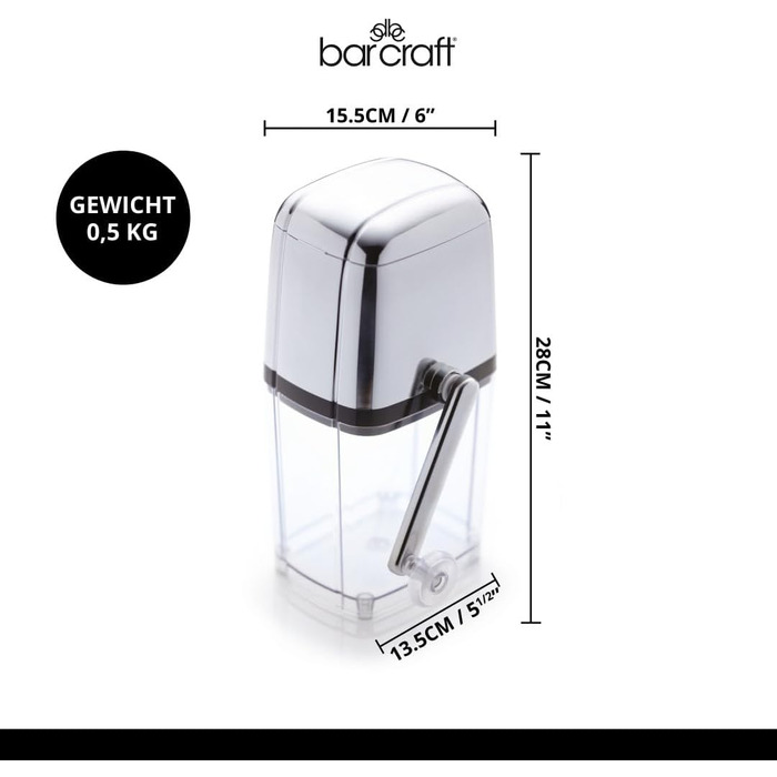 BarCraft Ice Crusher for Cocktails, with Ice Scoop, Plastic and Stainless Steel, 15.5 x 13.5 x 28cm, Transparent/Silver