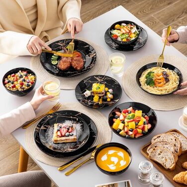 Набір посуду Lovelcasa Sweet Daphne 32-елементний, порцеляновий сервіз з золотим декором для 8 осіб (чорний)