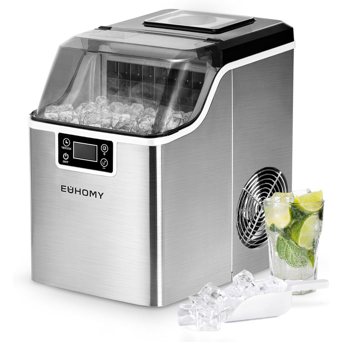 EUHOMY Stainless Steel Ice Maker - 24 Cubes in 13 Minutes - 24kg/24H Capacity - Self-Cleaning 3.2L Ice Maker with Scoop & Basket for Home, Kitchen, Office, Bar, RV