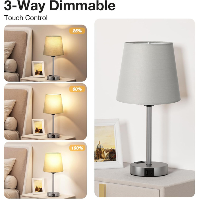 Настільна лампа Kakanuo з торшером, 2 шт. з USB-портами та диммуванням, для спальні, вітальні, дитячої кімнати, офісу (сірий)