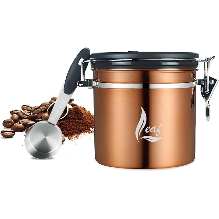 Контейнер для кави з нержавіючої сталі 1000 мл – герметичний дизайн з мідним покриттям, клапан CO₂, індикатор дати та мірна ложка – для кавових зерен та меленої кави