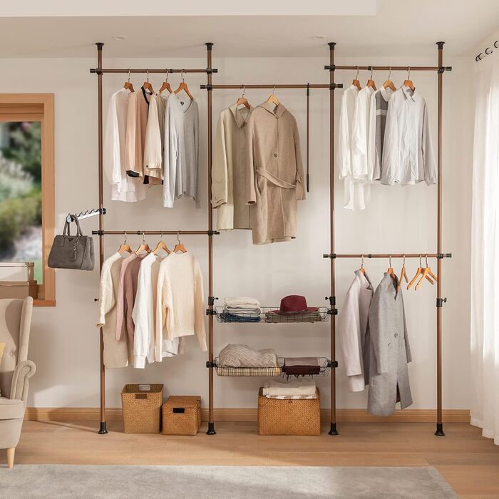 SoBuy KLS04-SCH Telescopic Clothing Rail with 5 Garment Rails and 2 Baskets Telescopic Wardrobe System Adjustable Shelf System B (209-311) x H (200-285) cm (Brown)