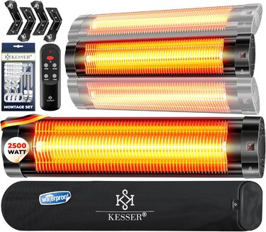 Інфрачервовий обігрівач KESSER® 2500W з пультом, 3 режими, швидкий нагрів, кріплення на стіну, для тераси, кварцовий, з захисним чохлом, таймер - антрацит (чорний)