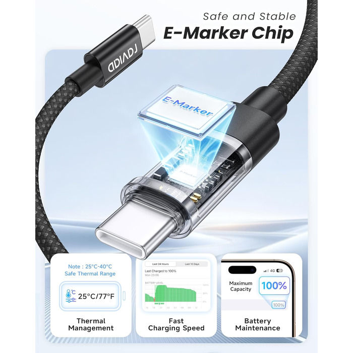 Кабель USB-C RAVIAD: Швидка зарядка PD3.1, 240W, 2м, нейлон, чорний. Сумісний з iPhone, Galaxy, Pixel, iPad, MacBookAir