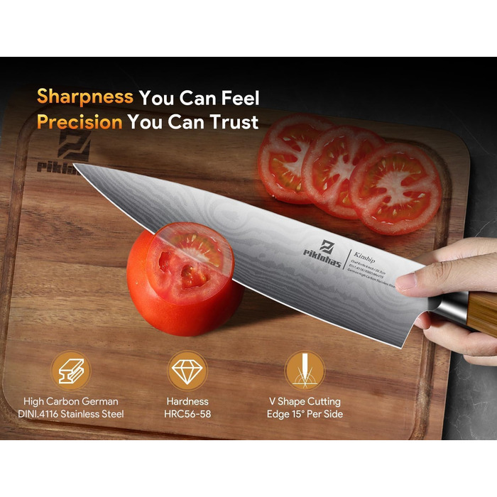 Набір кухонних ножів 15 предметів з дерев'яним блоком, сталь Damast, магнітний тримач, ножі для стейку - ідеальний подарунок