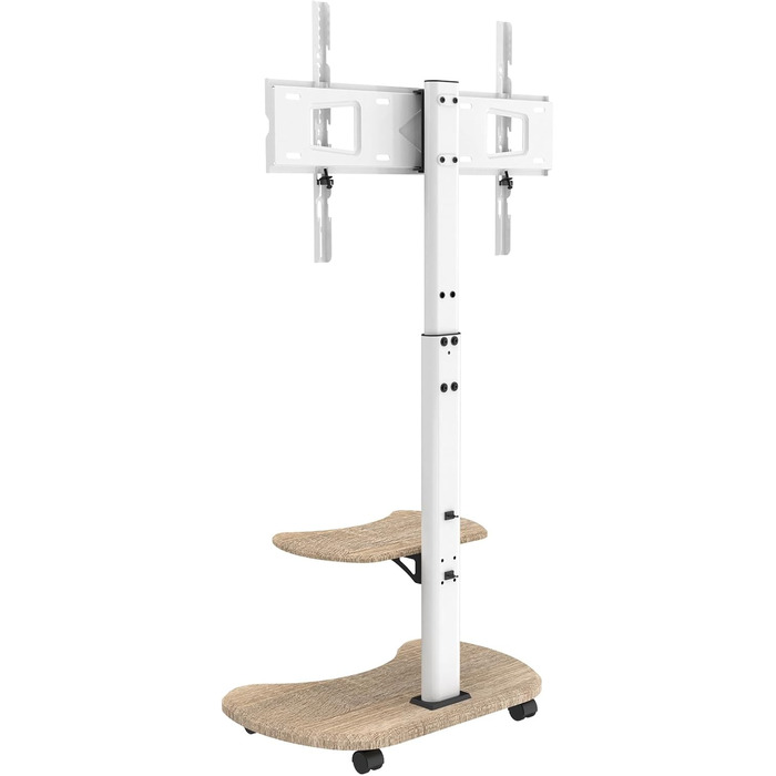 Підставка для телевізора Stellar на коліщатках з полицею, біла. Регульована висота, поворотна. Для телевізорів 32-70 дюймів, до 45 кг, VESA до 600x400