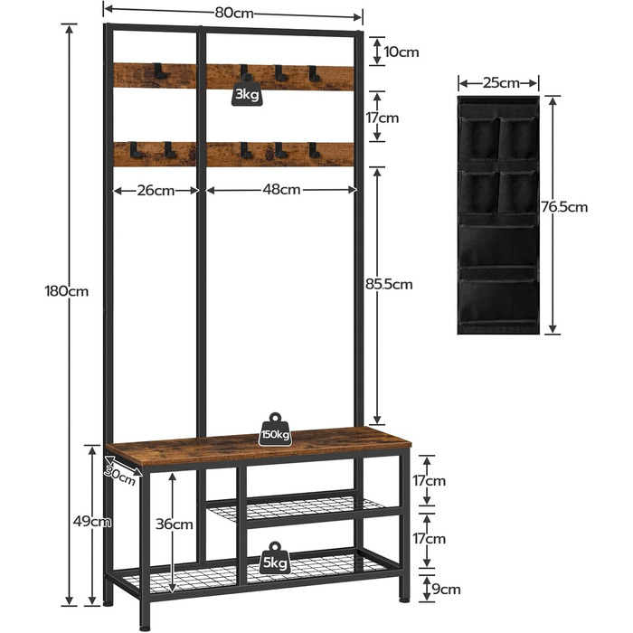 HOOBRO Coat Rack, Wardrobe, Clothes Rack with 6 Pockets and 9 Hooks, Shoe Shelf with Seating, Bench, Ample Storage Space, for Entryway, Living Room, Vintage Brown-Black EBF24MT01