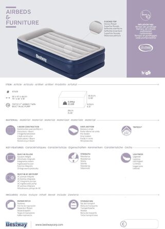 Надувне ліжко Bestway Tritech™ Vento, 191 x 97 x 46 см, односпальне, з вбудованим електронасосом