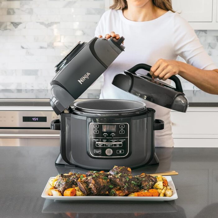 Ninja Foodi Multi-Cooker, 7-in-1, 6 L, 7 Cooking Functions, Pressure Cook, Air Fry, Pressure Cook, Grill and more, Brushed Steel & Black, OP300EU