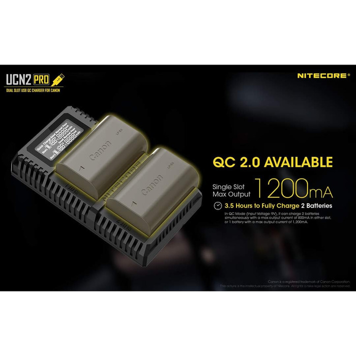 Зарядний пристрій Nitecore UCN2 Pro для Canon LP-E6 (N), чорний (подвійний)