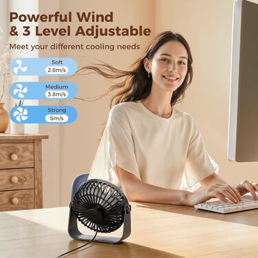 USB Настільний вентилятор TriPole: 3 швидкості, регульований, потужний, 360° обертання, кабель 1,5 м, чорний