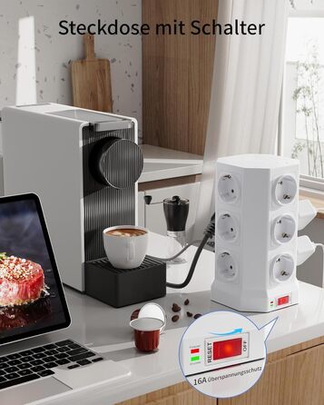 Блок розеток із захистом від перенапруги (3680W/16A), 12 розеток з 5 USB, мережевий фільтр з вимикачем, 1,5м кабель, захист 1050J, для дому/офісу, білий