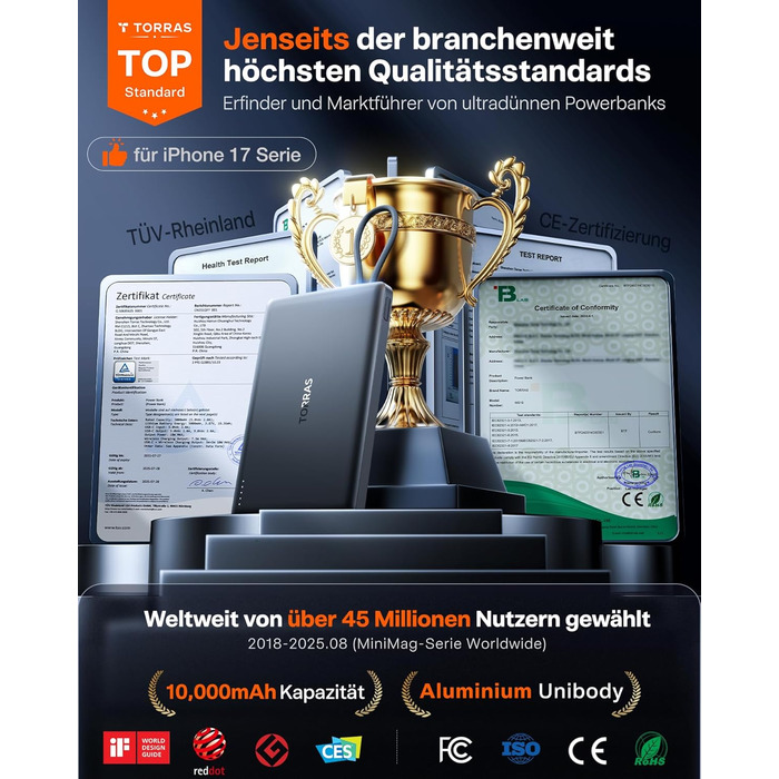 Портативний зарядний пристрій TORRAS Slim Powerbank 10000mAh з кабелем USB-C, 22.5W PD3.0, для iPhone, Samsung, AirPods, білий