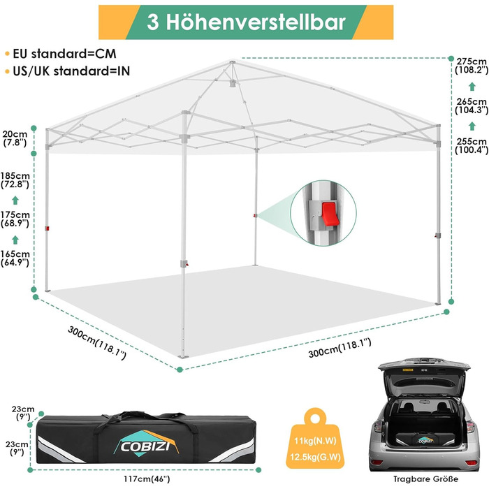 COBIZI 3x3 Pavilion, Waterproof Folding Pavilion 3x3, Stable, 275 cm Party Tent UV Protection 50+ Folding Pavilion 3x3m with Waffle Pattern for Camping Beach Family Gatherings (White)