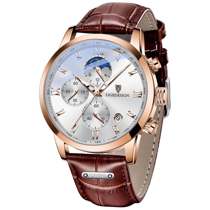 Годинник чоловічий LIGE, Хронограф, Аналоговий кварц, Ремінець з шкіри, Календар, Світлодіодна підсвітка, 3ATM водостійкість, Бізнес-годинник для відпочинку (Коричневий)