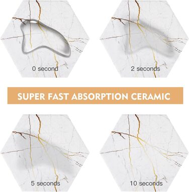 Marble-Style Coasters, Set of 6 - Drink Coasters for Wood Table with Metal Holder - Gold-Colored Ceramic Cup Set - Rustic Home Decor, Room Decor, Party (Luxury White Gold Marble 05)