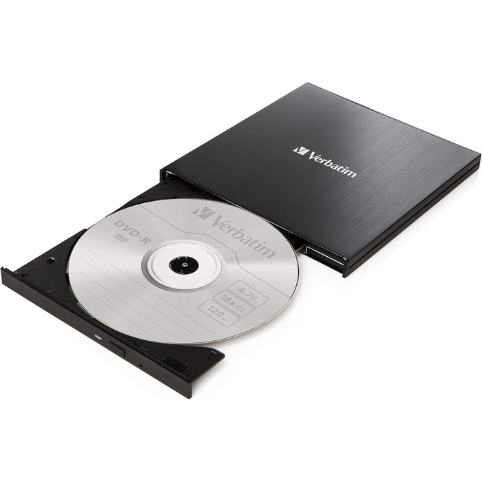 Зовнішній тонкий CD/DVD-записувач Verbatim USB-C USB 3.2 Gen1 з кабелем USB-C на USB-A, компактний привід для ноутбука