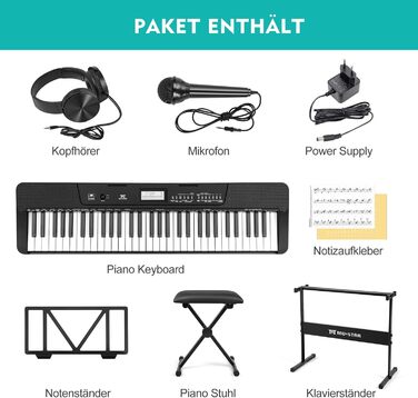 MUSTAR 61-клавішна клавіатура-піаніно для початківців, цифрова клавіатура з підсвічуванням, динаміками, стійкою, табуретом, навушниками, мікрофоном, підставкою для нот, 300 звуками та уроками музики (Чорний)