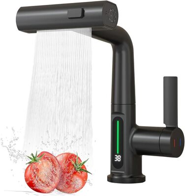 Чорний кухонний змішувач з висувною лійкою, 3 режими, LED-індикатор температури, поворотний на 360°, для високого тиску, регульована висота