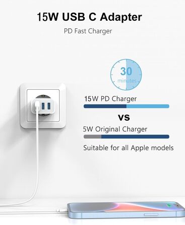 Мережевий адаптер Amoner з USB 3-портом, 15W x 2, для iPhone 14/13/12/11/X/8 та інших пристроїв