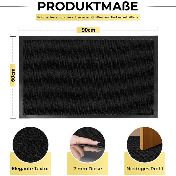 Приматка для ніг BLADO 60x90 см, протиковзкий та зносостійкий килимок для входу (внутрішній та зовнішній використання), чорний, можна прати