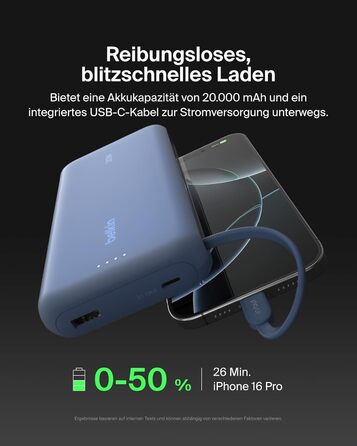 Зовнішній акумулятор Belkin BoostCharge 20K PD 30W з вбудованим кабелем USB-C, Power Bank для iPhone 16, iPad Pro, Samsung Galaxy S25, синій