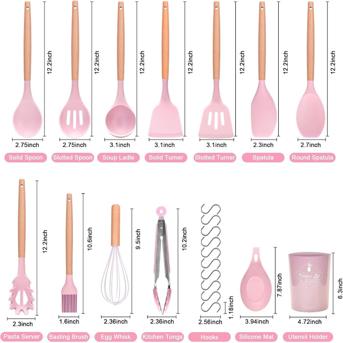 Набір кухонних аксесуарів Howephofly: 23 штуки з силікону, антипригарні, з дерев'яними ручками, включає гачки, рожевий колір