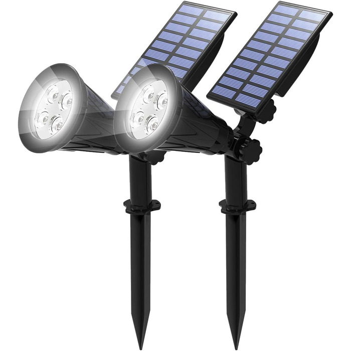 T-SUN LED Solar Spotlights, 2 Pack 4 LED Solar Garden Lights, Bright Garden Light, 2 Lighting Modes, Safety Lighting, Large Outdoor Light for Lawn, Paths, Terrace (Cool White 6000K)