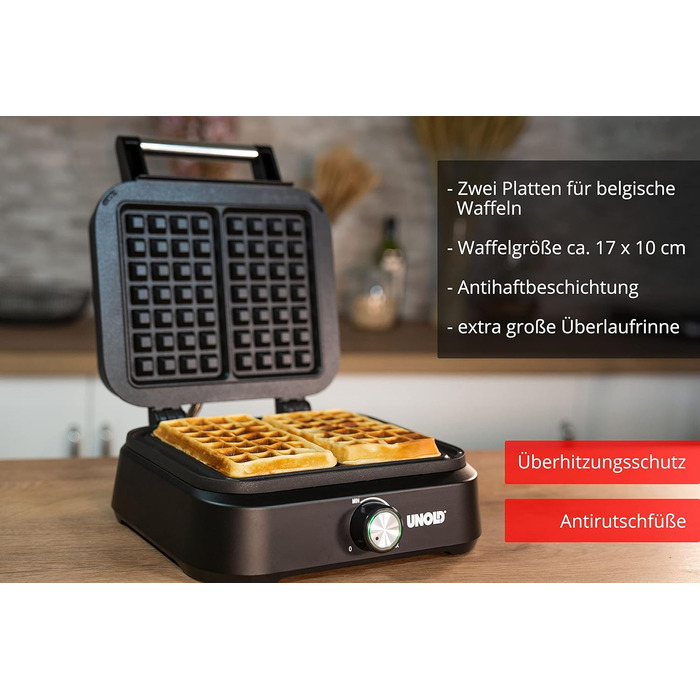 Вафельниця Unold 48275 Belgisches Waffeleisen Brüssel: подвійний автомат, регулювання температури, антипригарне покриття, 1500 Вт, чорний
