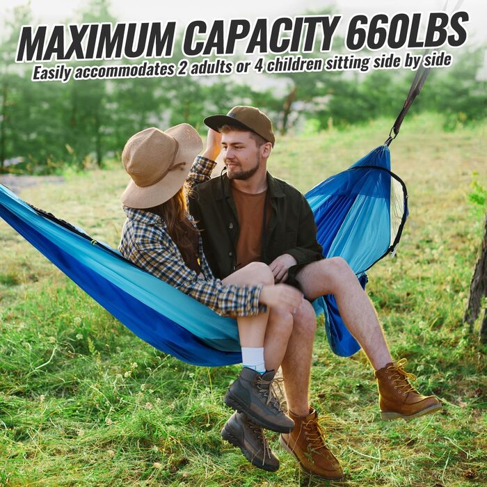 Легка туристична гамак з москітною сіткою, 300 кг | Гамак для кемпінгу, подорожей, пікніків, дихаючий, швидковисихаючий | Гамак з парашутного нейлону, портативний, для рюкзаків, піших прогулянок, саду (синій, 270x140 см)