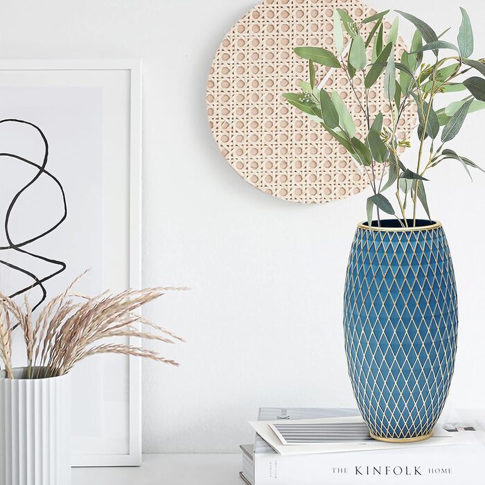 Декоративна ваза для дому, блакитно-золота, з діамантовим візерунком, овальна | Декор інтер'єру, подарунок на новосілля