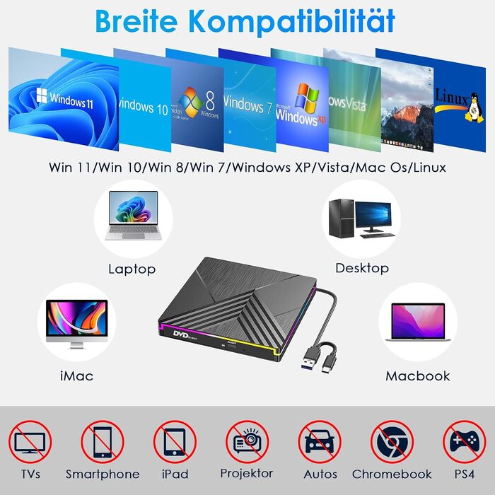 Зовнішній DVD-привід з RGB-підсвіткою, USB 3.0 та Type-C, CD/DVD+/-RW записувач та плеєр для PC, Laptop, MacBook (Windows, macOS, Linux)
