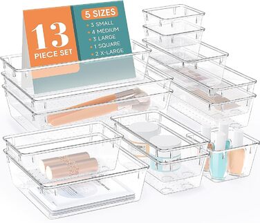 WOWBOX 4-Piece Plastic Drawer Organizer Set, 4 Sizes, Desk Drawer Dividers, Organizer and Storage Containers for Makeup, Jewelry, Bathroom, Office (Transparent, 13)
