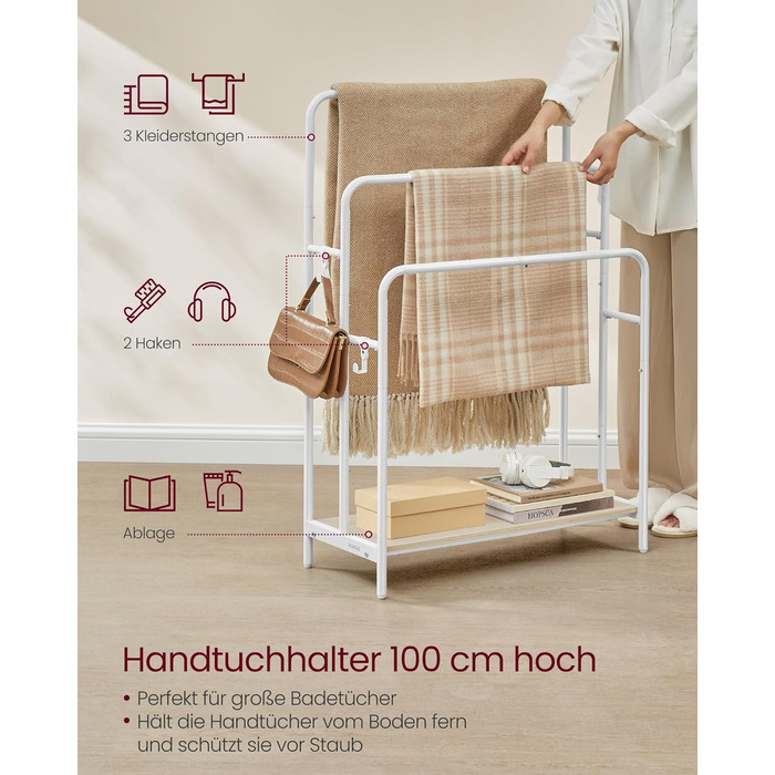 Підставка для рушників VASAGLE, стояча, з 3-ма перекладинами, 70 x 30 x 100 см, 2 гачки, полиця, для рушників, халатів, чорний, LLS019B01